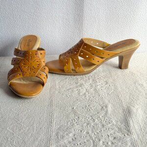 Tan Leather Cut Out Comfort Cushioned High Heel Sandals Mules